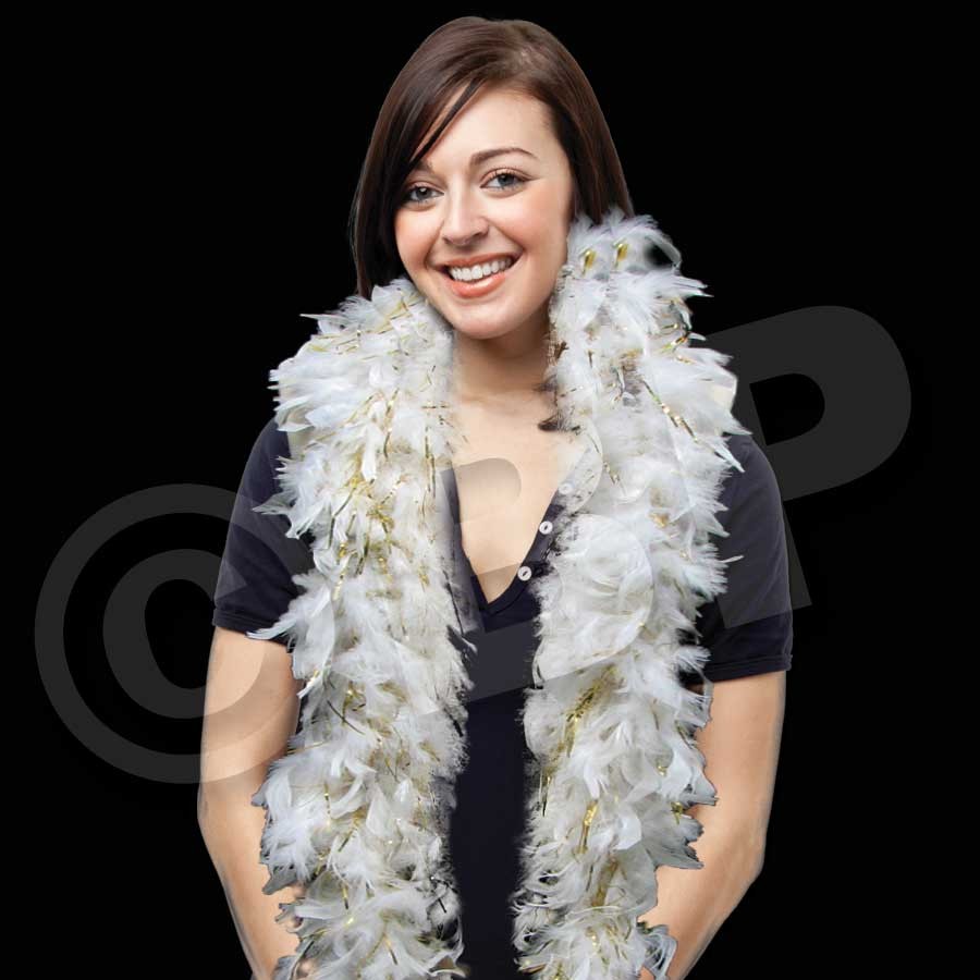 White with Gold Tinsel Feather Boa 