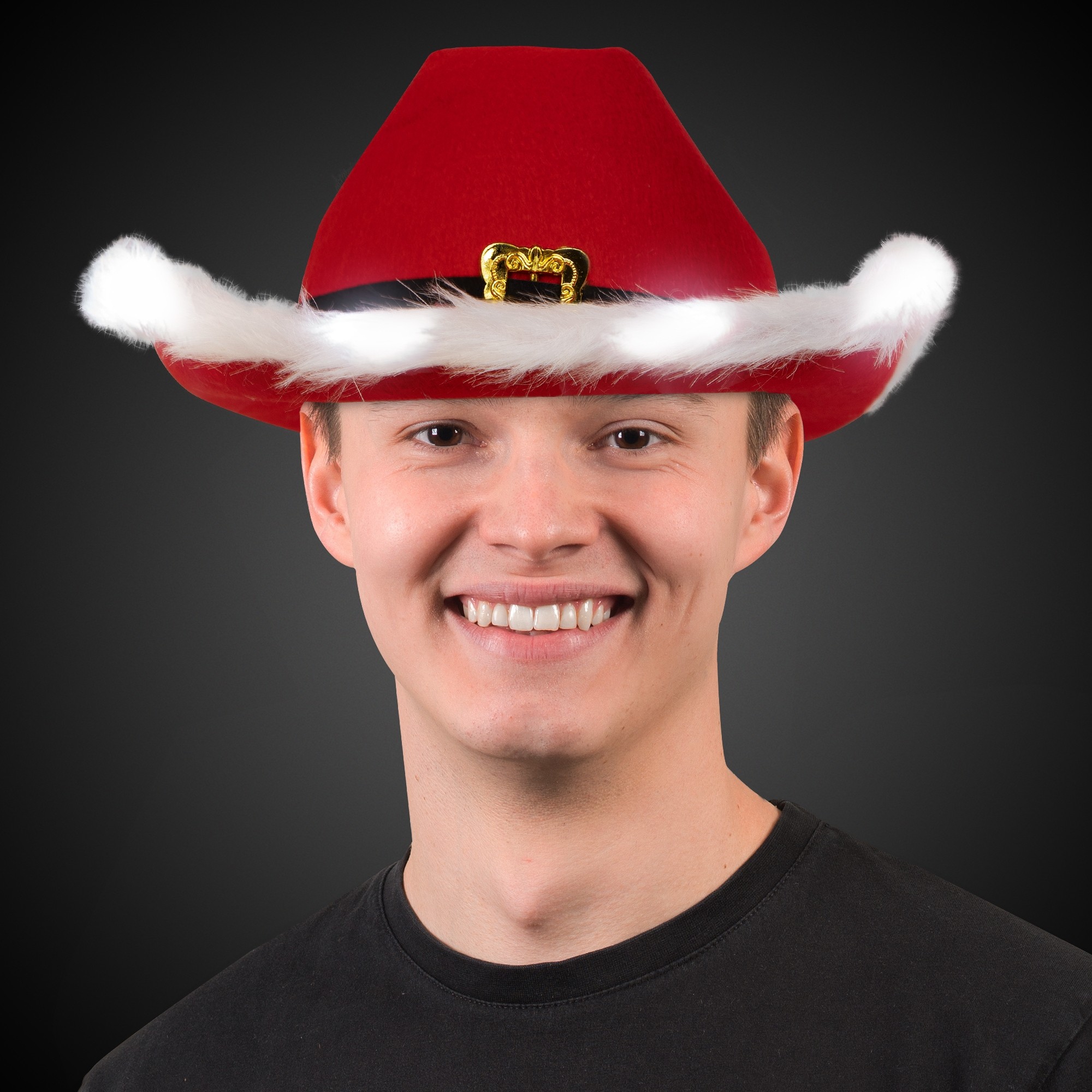 Red Santa Light Up Cowboy Hat with White Marabou Trim