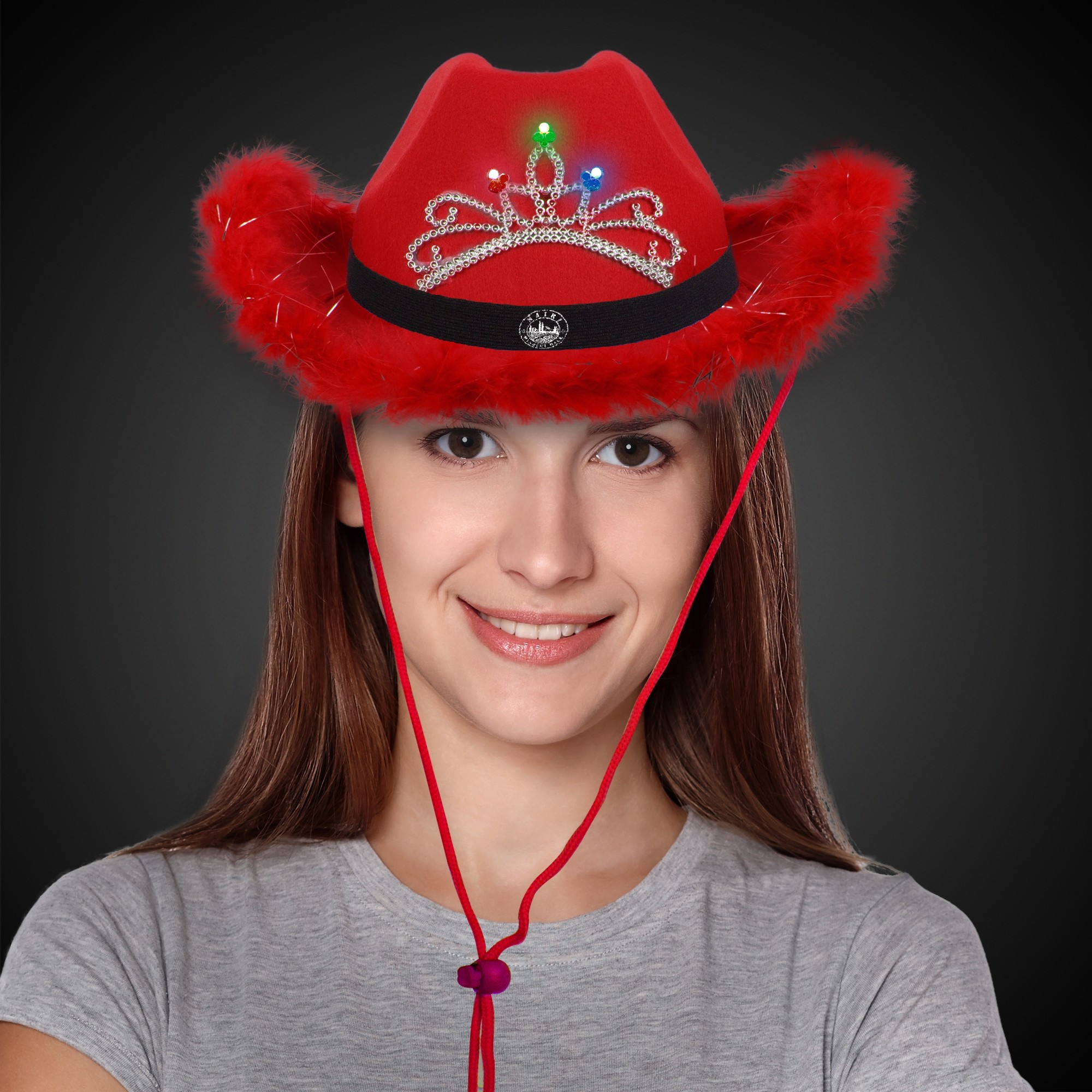 Red Light Up Cowboy Hat w/ Tiara and Feather