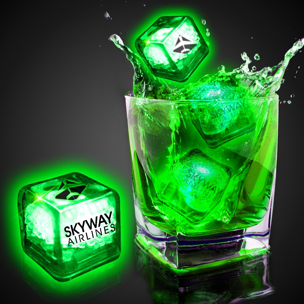 Green Imprinted Liquid Activated Light Up Ice Cubes