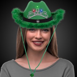 Green Light Up Cowboy Hat w/ Tiara and Feather