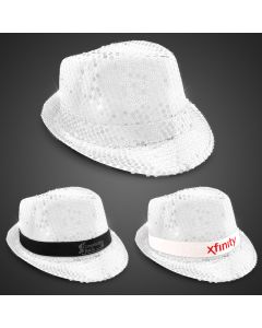 White Sequin LED Fedora Hats (Imprintable Bands Available)