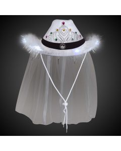 White Light Up Tiara Cowboy Hat with Veil