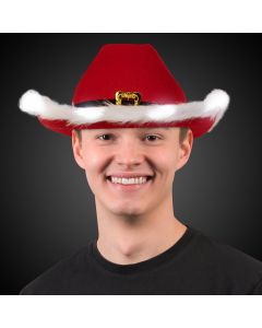 Red Santa Light Up Cowboy Hat with White Marabou Trim