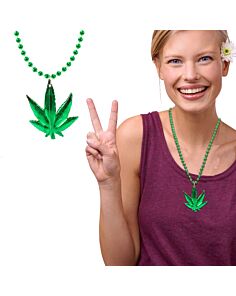 33" 7MM Green Bead with Leaf Metallic Necklace