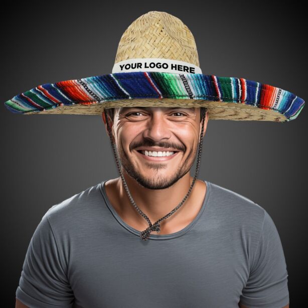 Large Natural Straw Sombrero with Serape Trim (Imprintable Bands Available)