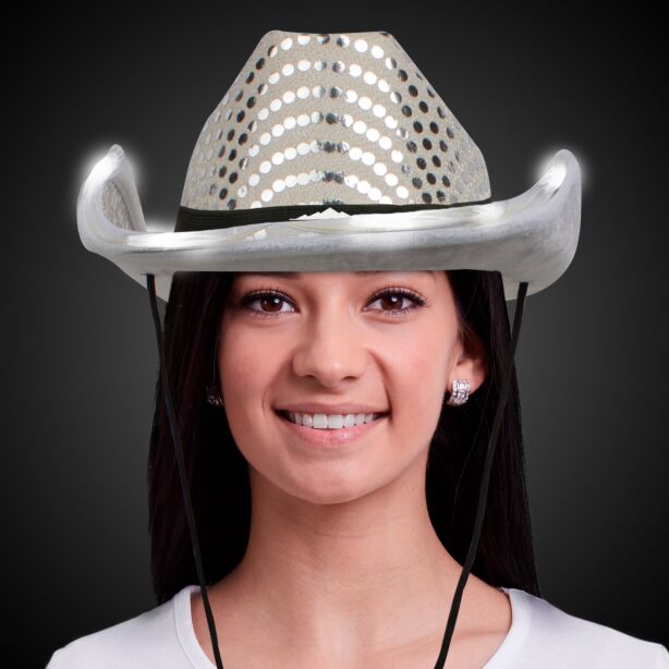 WHITE SEQUIN LED COWBOY HAT