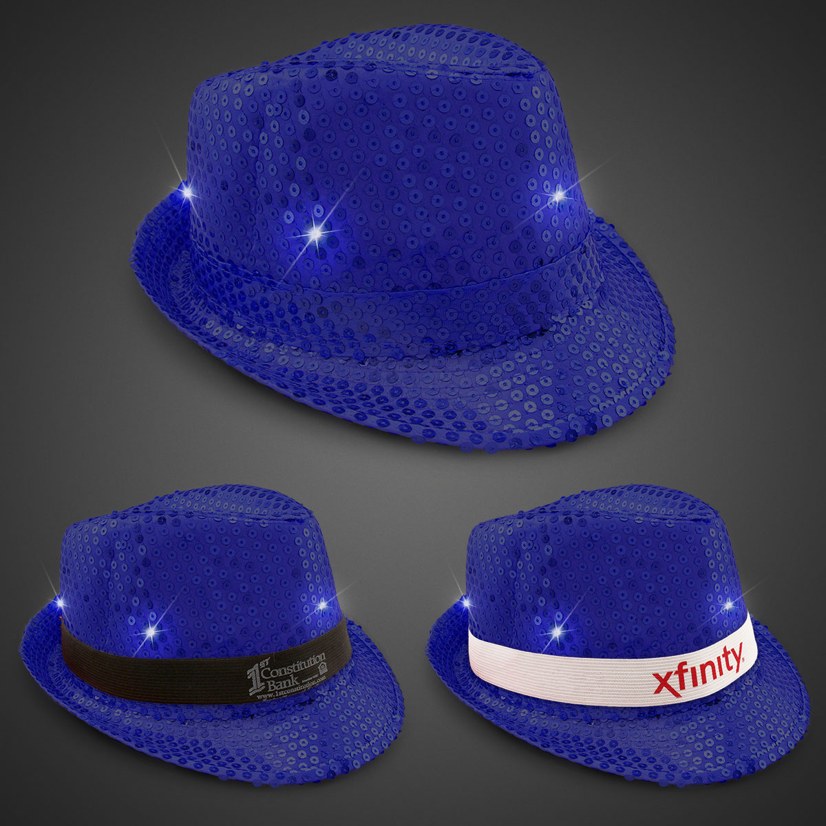 Blue Sequin LED Fedora Hats (Imprintable Bands Available)