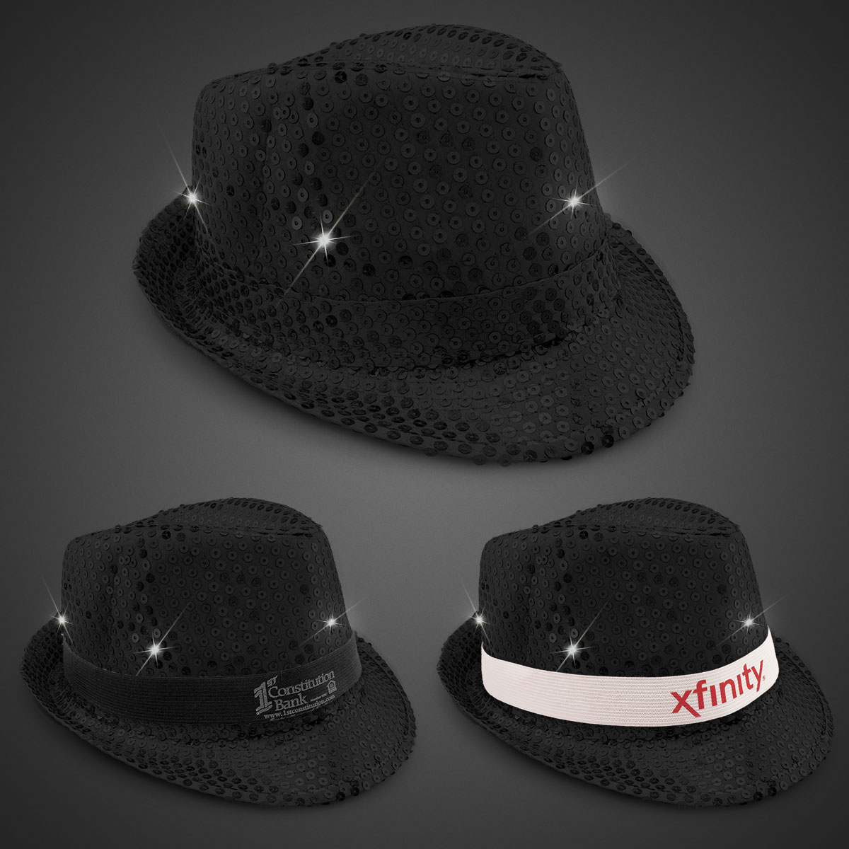 Black Sequin LED Fedora Hats (Imprintable Bands Available)