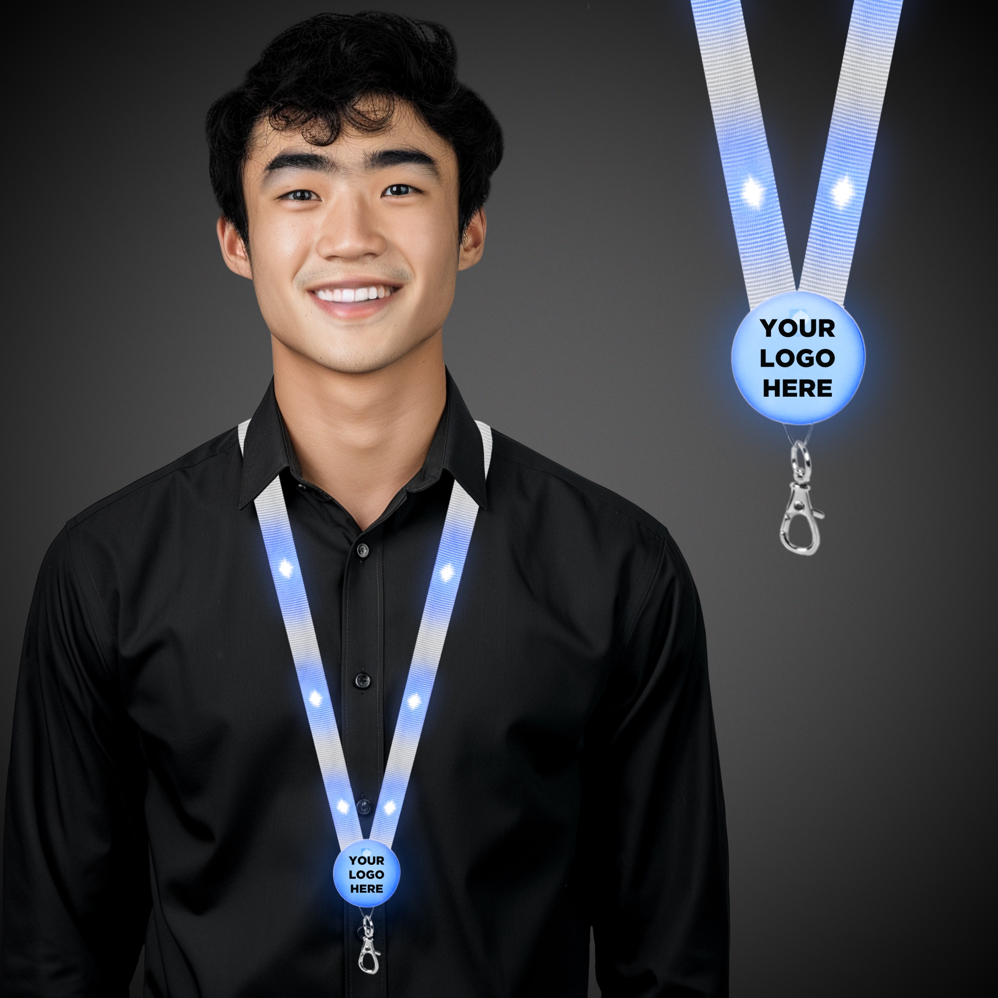 Blue Light Up Flat Fabric Lanyards