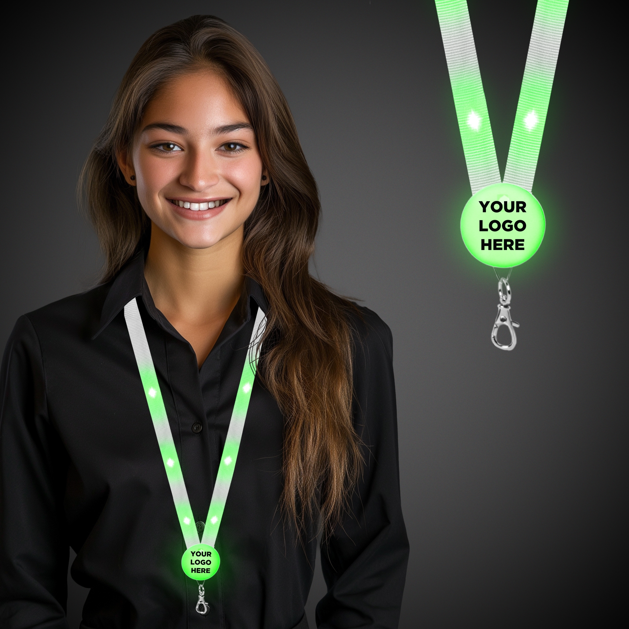 Green Light Up Flat Fabric Lanyards